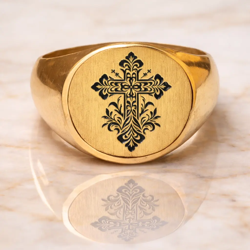 Laser Engraved Jesus Cross Ring in Panchaloha – Faith Jewelry